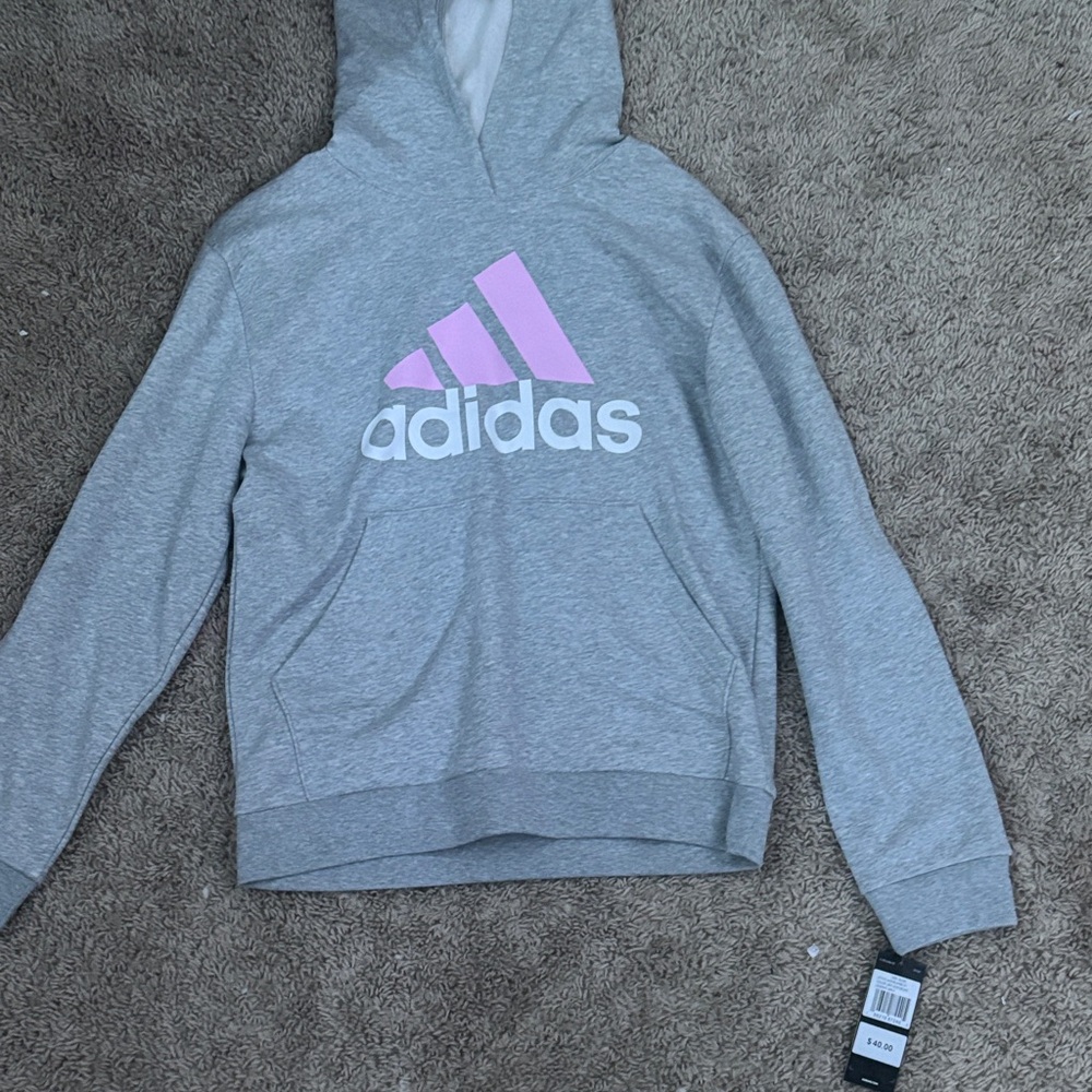 Adidas Light Gray Hoodie with Pink Logo
